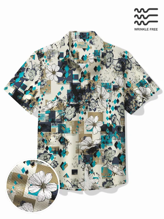 Royaura® Retro Men's Hawaiian Shirt Floral Abstract Textured Seersucker Wrinkle Free Pocket Camp Shirt
