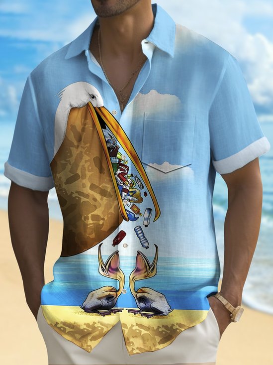 Royaura® World Oceans Day Men's Hawaiian Shirt Stop Ocean Plastic Pollution Seabird Print Pocket Camping Shirt