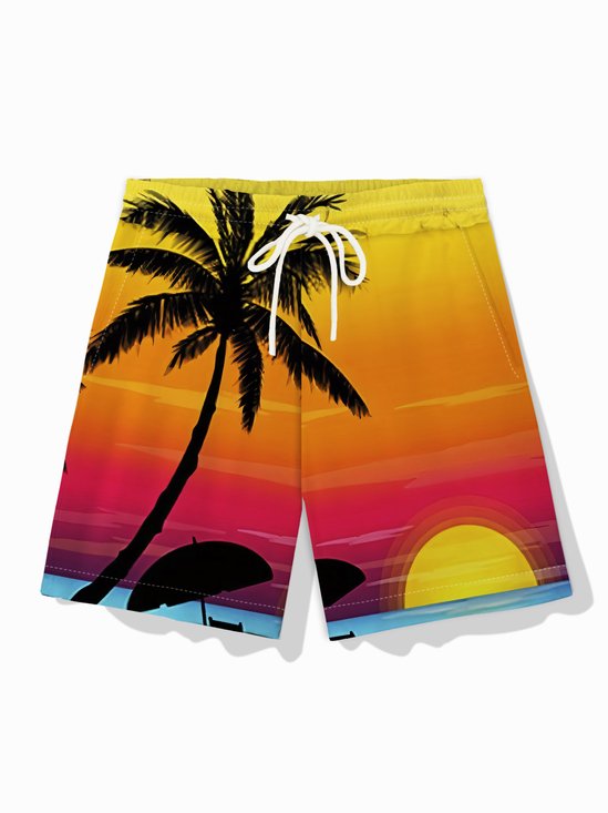 Royaura® Hawaiian Coconut Tree Sunset Landscape Print Men's Pocket Board Shorts