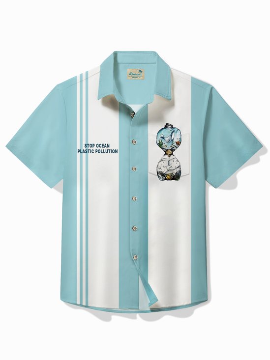 Royaura® World Oceans Day Men's Hawaiian Shirt Stops Ocean Plastic Pollution Printed Pocket Camping Shirt