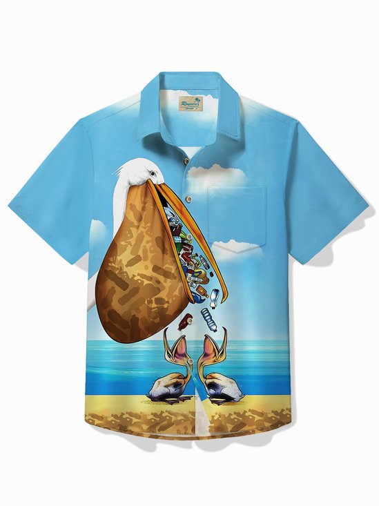 Royaura® World Oceans Day Men's Hawaiian Shirt Stop Ocean Plastic Pollution Seabird Print Pocket Camping Shirt