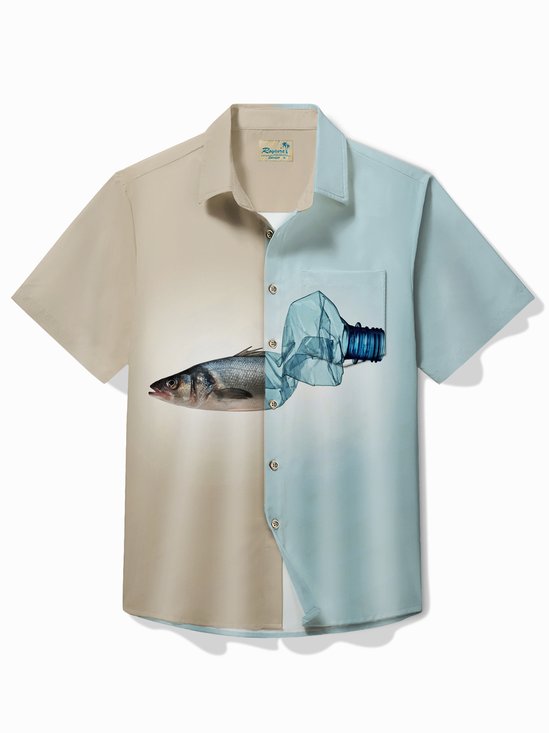 Royaura® World Oceans Day Men's Hawaiian Shirt Stops Ocean Plastic Pollution Plastic Bottle Fish Print Pocket Camping Shirt