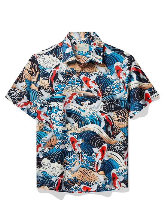 Royaura® x David Bailey Vintage Japanese Koi Men's Hawaiian Shirt Stretch Pocket Camp Shirt Big Tall