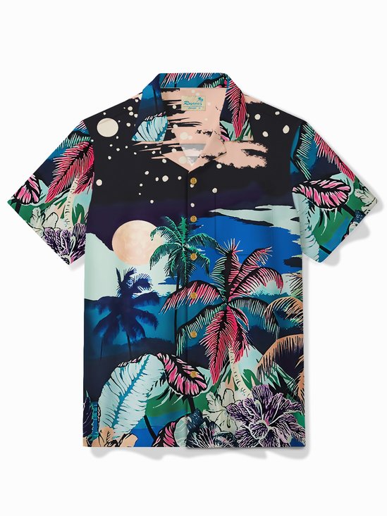 Royaura® Beach Vintage Tropical Coconut Tree Men's Hawaiian Shirt Cartoon Art Pocket Camp Shirt Big Tall