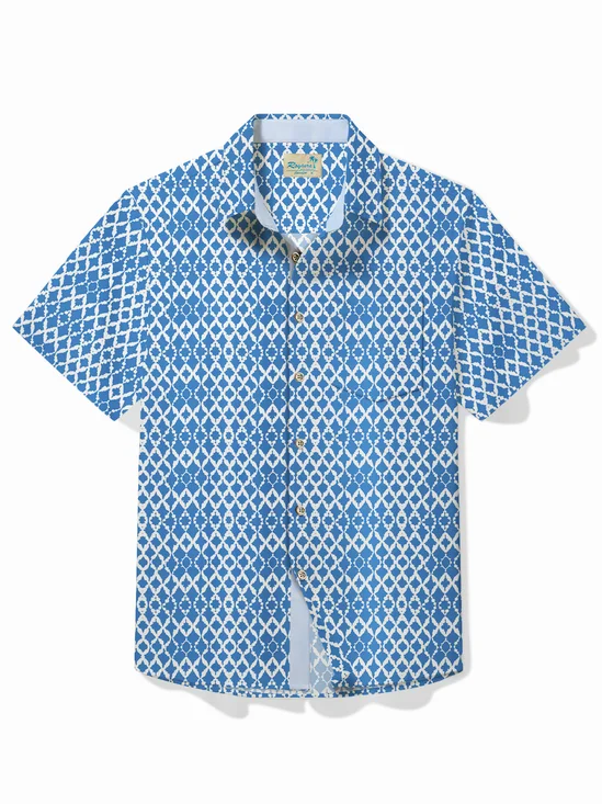 Royaura® Geometric Art Blue Men's Hawaiian Shirt Abstract Quick Dry Pocket Vintage Camp Shirt Big Tall