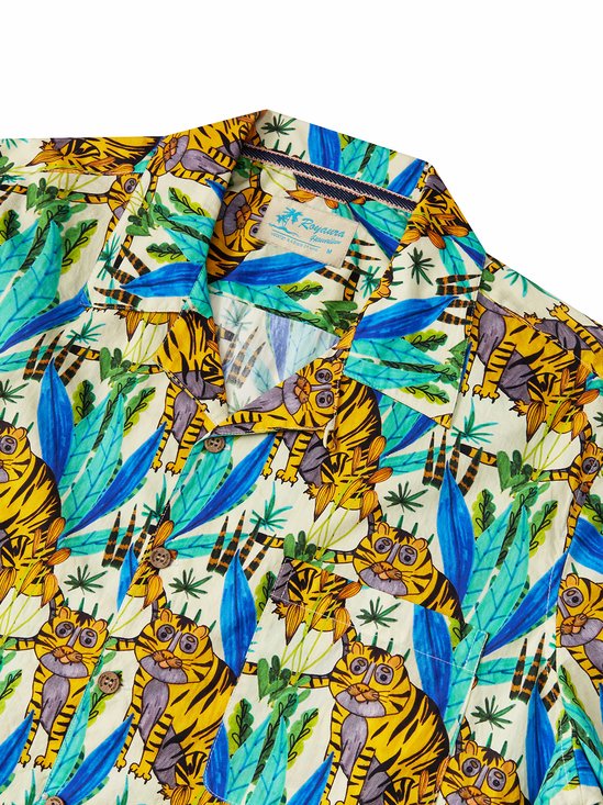 Royaura® Vacation Cotton Men's Hawaiian Shirt Tropical Tiger Pocket Comfortable Breathable Camping Shirt Big Tall