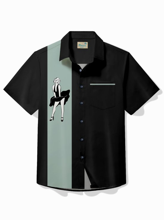 Royaura® Retro Bowling Pinup Girl Men's Hawaiian Shirt With Pocket