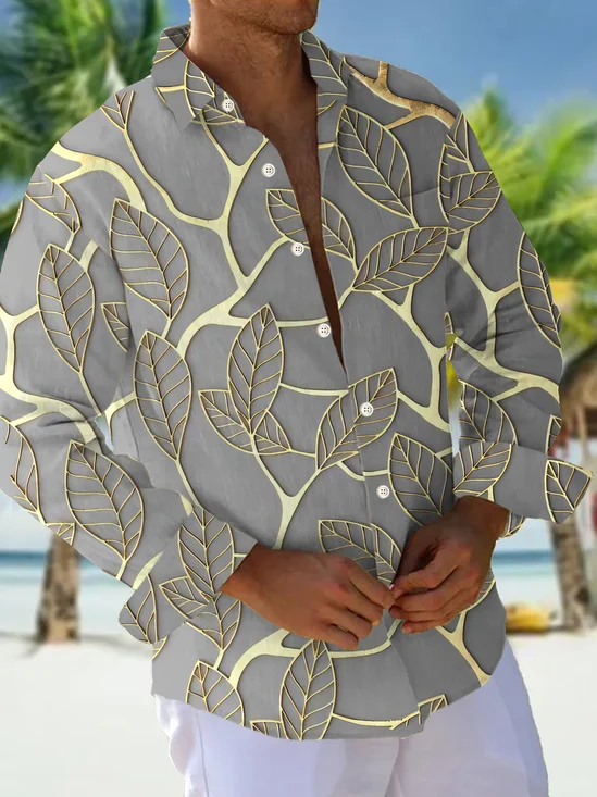 Royaura® Hawaiian Gold Botanical Leaf Print Men's Button Pocket Long Sleeve Shirt