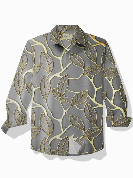 Royaura® Hawaiian Gold Botanical Leaf Print Men's Button Pocket Long Sleeve Shirt
