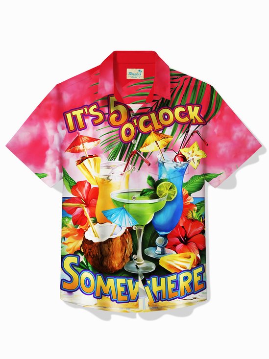 Royaura Parrot Drinking Bird Breast Pocket Hawaiian Shirt Plus Size Vacation Shirt