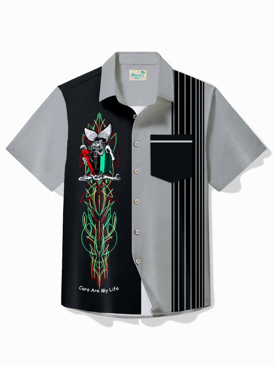 Royaura® Vintage Pinstripe Rat Fink Panel BowIing Printed Chest Pocket Shirt Large Size Men's Shirt