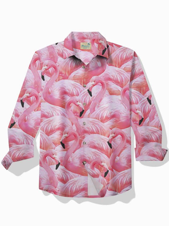 Royaura® Hawaiian Flamingo Print Men's Button Pocket Short Sleeve Shirt