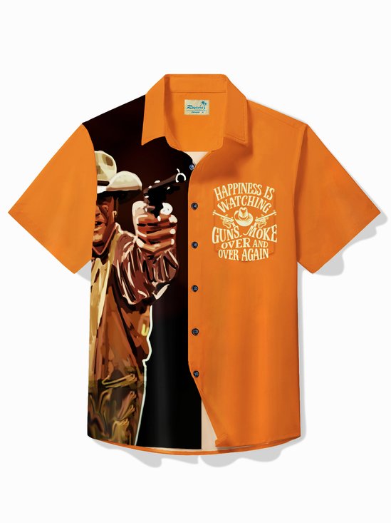 Royaura® Men's Vintage Red Dead Redemption Contrast Color Gunsmoke English Print Short Sleeve Shirt