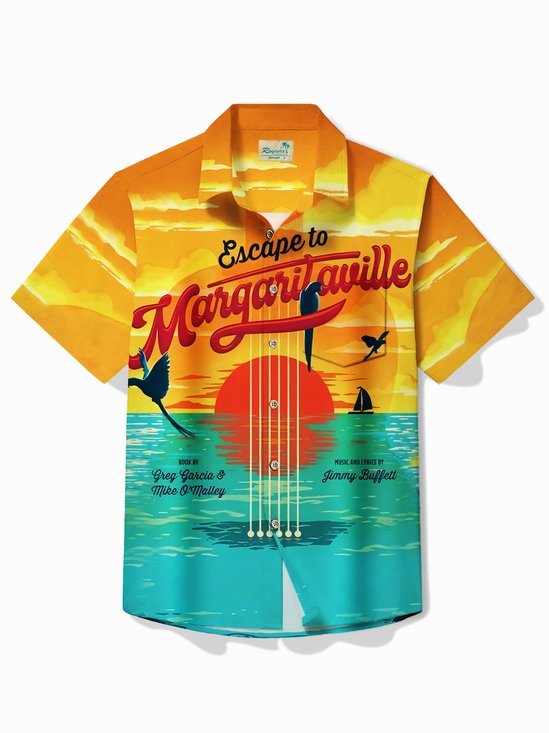 Royaura® Hawaiian Parrot Landscape Print Men's Button Pocket Short Sleeve Shirt