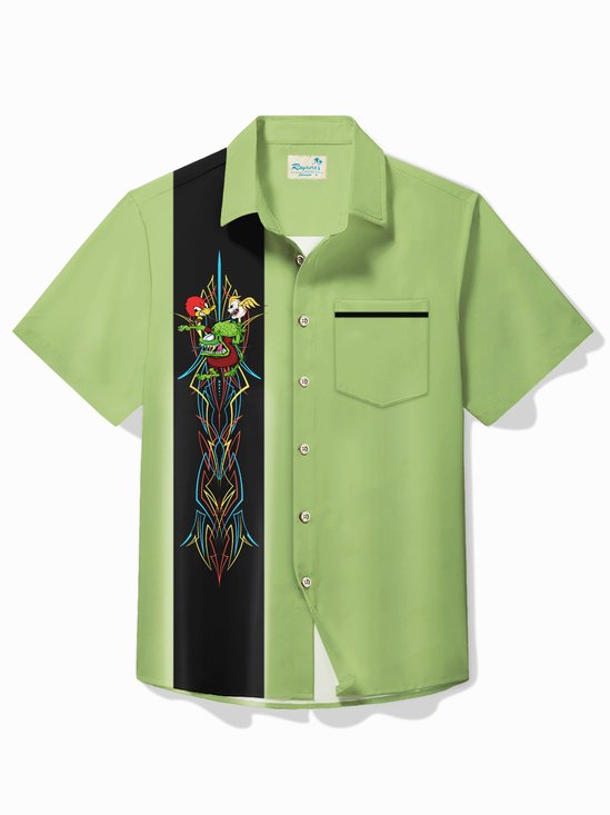 Royaura® Vintage Pinstripe Rat Fink flying eyeball Red Duck Panel BowLing Printed Chest Pocket Shirt Large Size Men's Shirt