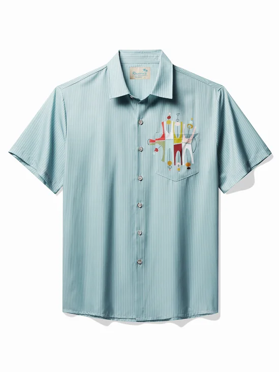 Royaura Retro Geometric Print Men's Button Pocket Short Sleeve Shirt