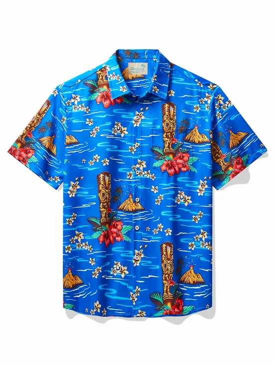 Royaura Hawaiian Plant TIKI Print Men's Button Pocket Short Sleeve Shirt