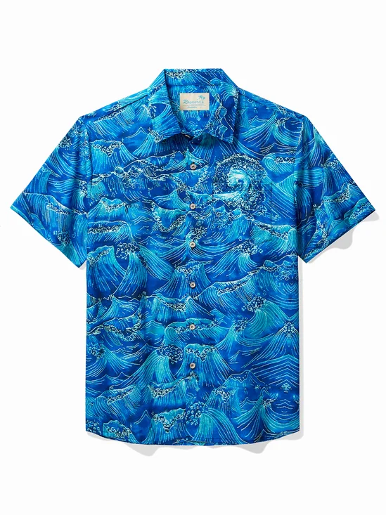 Royaura® Vintage Japanese Blue Men's Hawaiian Shirt Stretch Easy Care Camp Shirt Big Tall