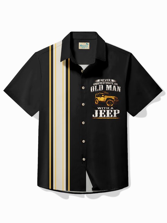 Royaura®  Vintage Jeep Bowling “Never Underestimate An Old Man With A Jeep” Print Men's Button Pocket Shirt