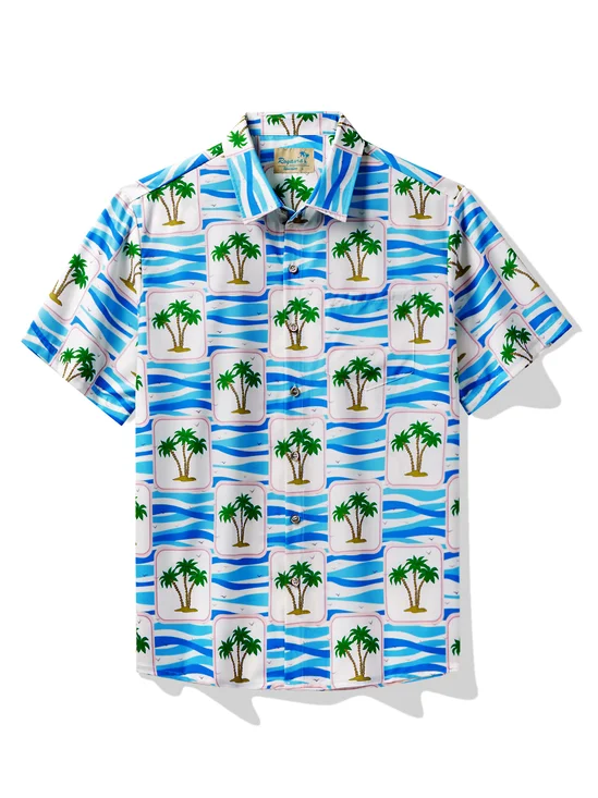 Royaura® Beach Vacation Men's Hawaiian Shirt Coconut Tree Check Art Stretch Pocket Camp Shirt Big Tall