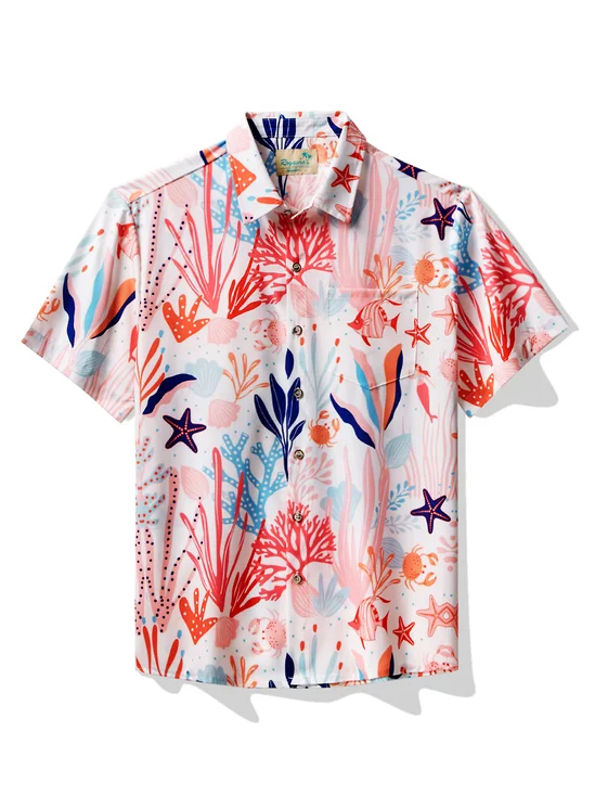 Royaura® Sea Life Pink Men's Hawaiian Shirt Stretch Aloha Camp Pocket Shirt Big Tall