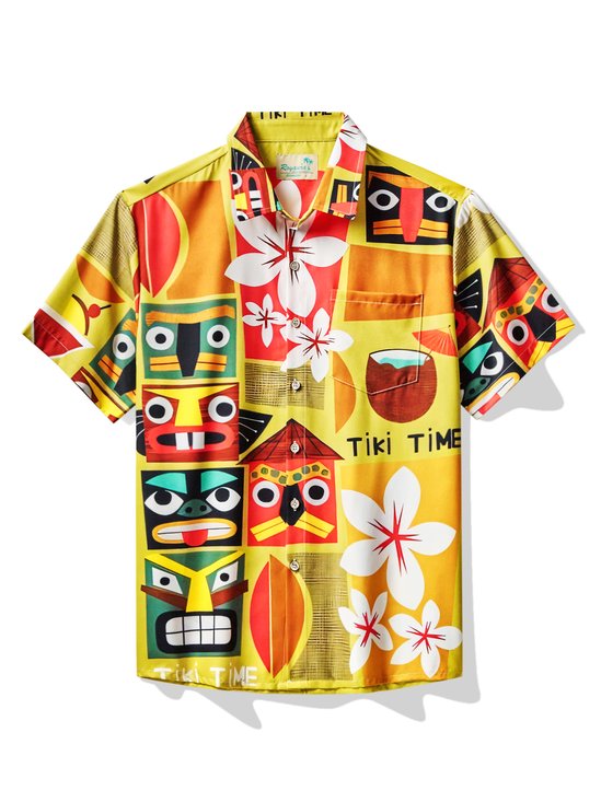 Royaura® Vintage Tiki Geometric Floral Print Men's Button Pocket Short Sleeve Shirt