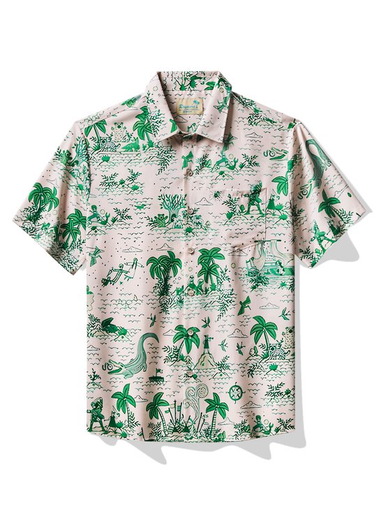 Royaura Hawaiian Plant Leaf Print Men's Button Pocket Short Sleeve Shirt