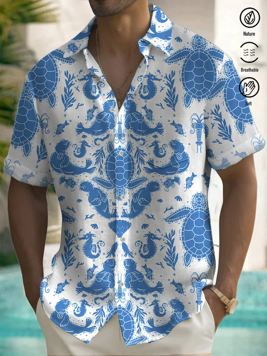 Royaura® Cotton Linen Hawaiian Monk Seal Dolphin Print Men's Button Pocket Short Sleeve Shirt