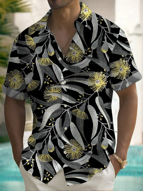 Royaura® Hawaiian Plant OHI A lehua Print Men's Button Pocket Short Sleeve Shirt