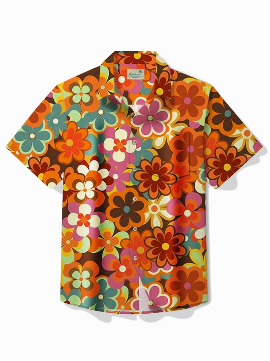 Royaura® Hawaiian Floral Daisy Print Men's Button Pocket Short Sleeve Shirt