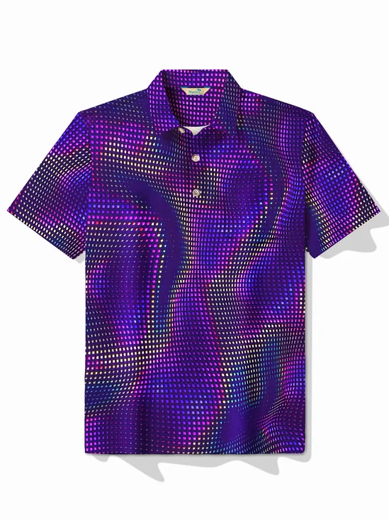 Royaura® Retro Gradient Art Print Men's Button Up Short Sleeve Polo Shirt