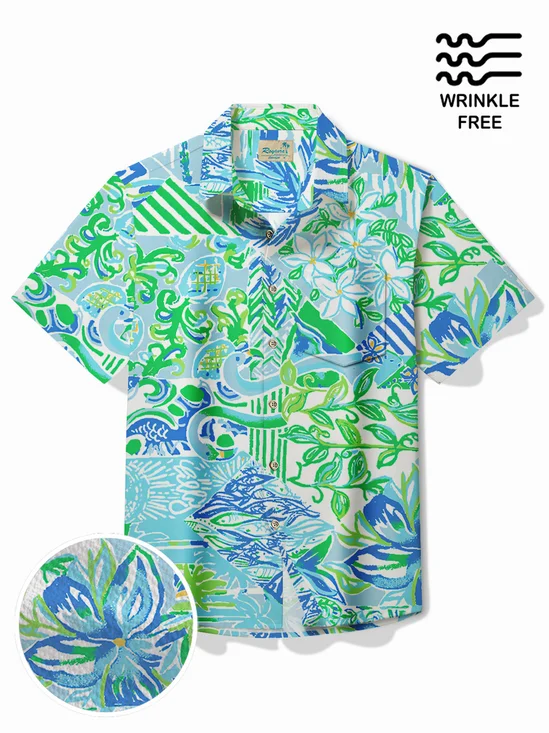 Royaura® Hawaiian Art Floral Print Men's Button Pocket Short Sleeve Shirt