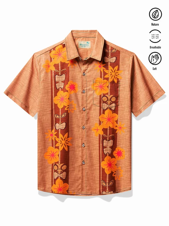 Royaura® Vintage Brown Men's Guayabera Shirts TIKI Art Totem Floral Art Pocket Camp Shirt Big Tall