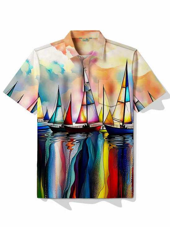 Royaura®Hawaii Sailing Art Print Men's Button-Up POLO Shirt
