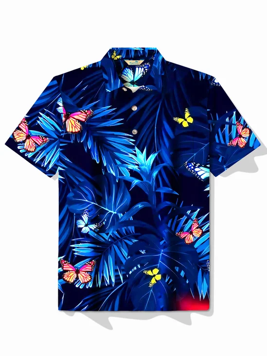 Royaura®Hawaiian Butterfly Plant Printed Men's Button Short Sleeve POLO Shirt