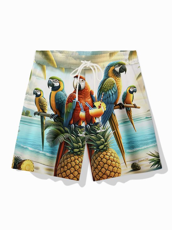 Royaura® Hawaiian Parrot Pineapple Beach Print Men's Drawstring Shorts Board Shorts