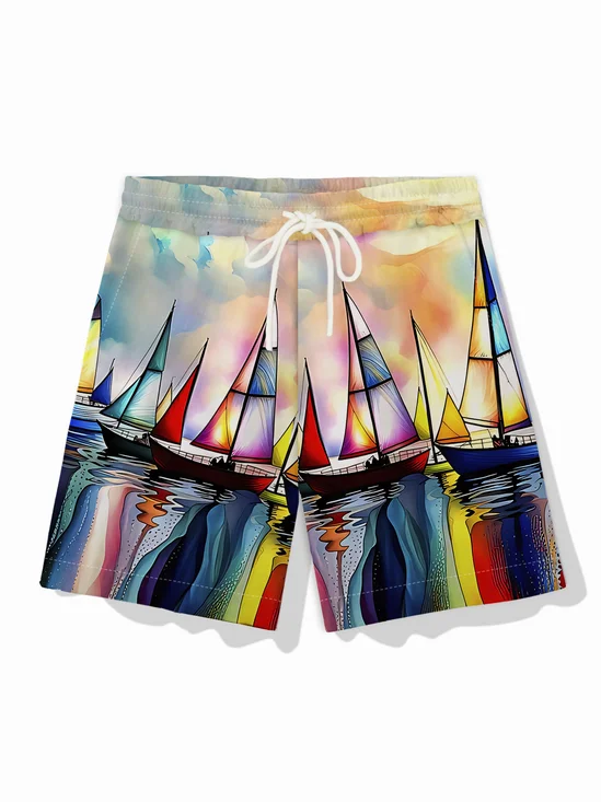 Royaura® Hawaiian Sailing Art Oil Painting Print Men's Drawstring Shorts Board Shorts