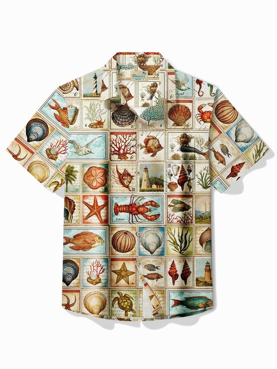 Royaura® Vintage Marine Life Print Men's Button Pocket Short Sleeve Shirt