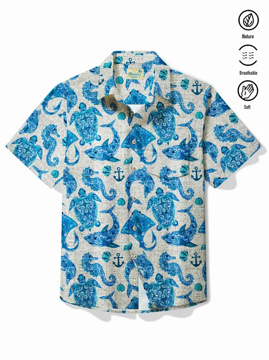 Royaura® Vintage Textured Marine Life Print Men's Button Pocket Short Sleeve Shirt