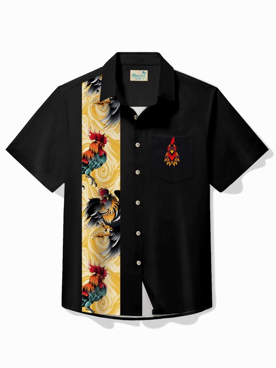 Royaura® Vintage Bowling Rooster Tattoo Designs Printed Chest Pocket Shirt Plus Size Men's Shirt