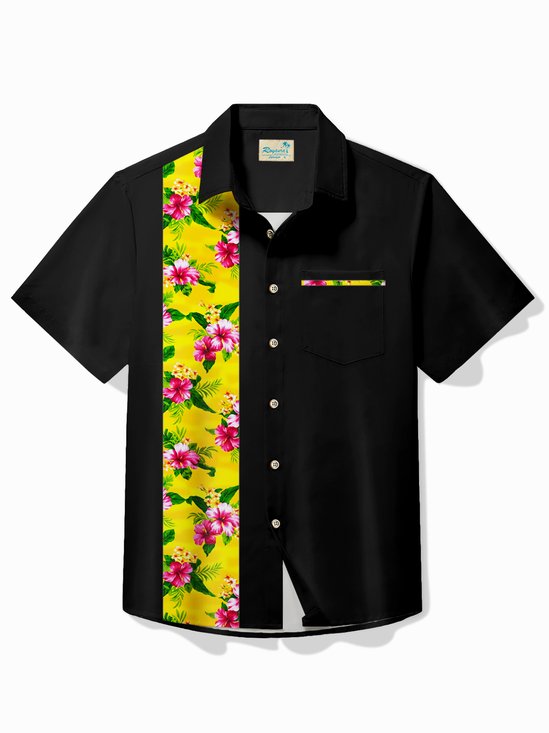 Royaura®  Vintage Bowling Yellow Floral Print Chest Pocket Shirt Plus Size Men's Shirt