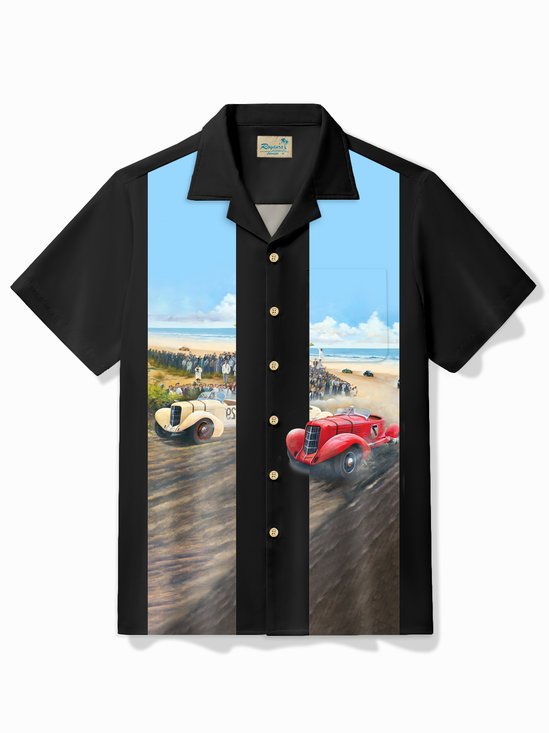 Royaura® Vintage Bowling Car Print Chest Pocket Shirt Plus Size Men's Shirt