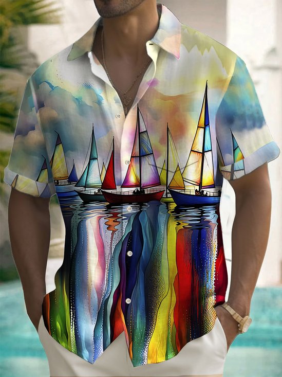 Royaura® Hawaiian Sailing Art Oil Painting Print Men's Button Pocket Short Sleeve Shirt