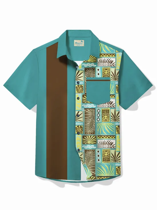 Royaura® Vintage Tiki Totem Jungle Plant Hawaiian Beach Print Bowling Men's Button Pocket Shirt