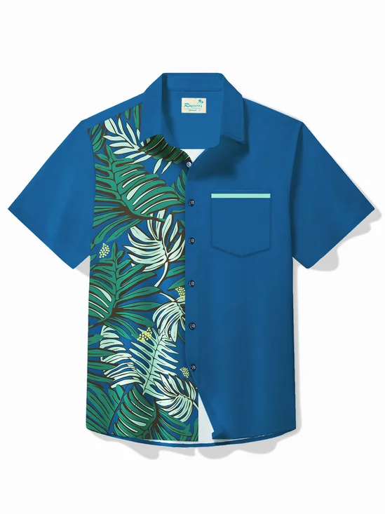 Royaura® Vintage Blue Hawaiian Botanical Print Bowling Men's Button Pocket Shirt