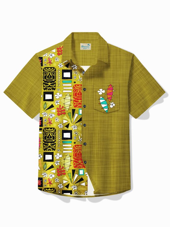 Royaura® Vintage Yellow Tiki Totem Flower Hawaiian Beach Print Bowling Men's Button Pocket Shirt