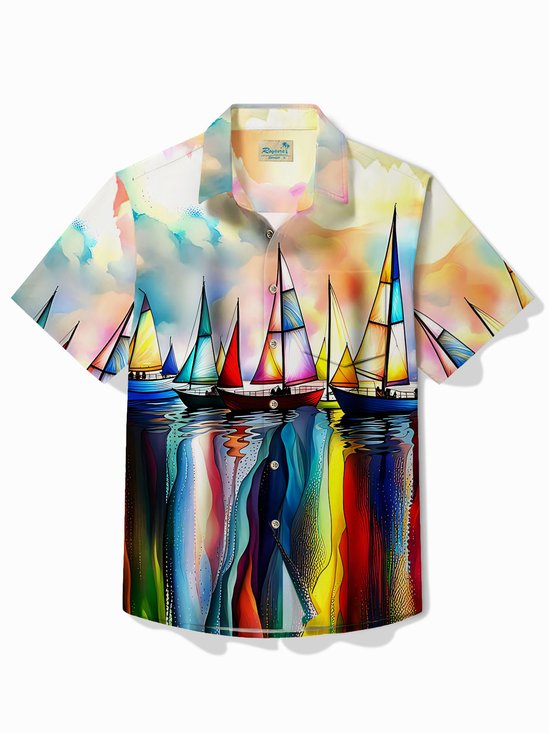 Royaura® Hawaiian Sailing Art Oil Painting Print Men's Button Pocket Short Sleeve Shirt