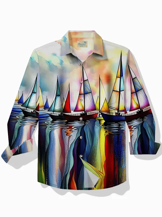 Royaura® Hawaii Sailing Art Print Men's Button Pocket Long Sleeve Shirt