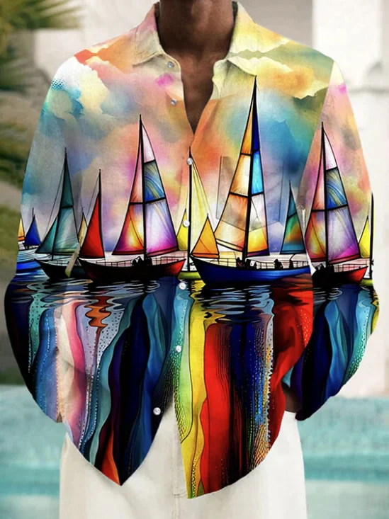Royaura® Hawaii Sailing Art Print Men's Button Pocket Long Sleeve Shirt