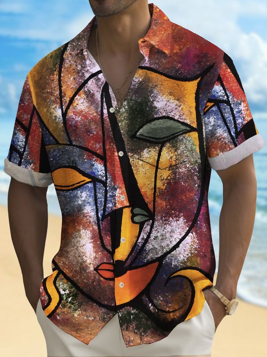 Royaura® Vintage Geometric Portrait Print Hawaiian Shirt Oversized